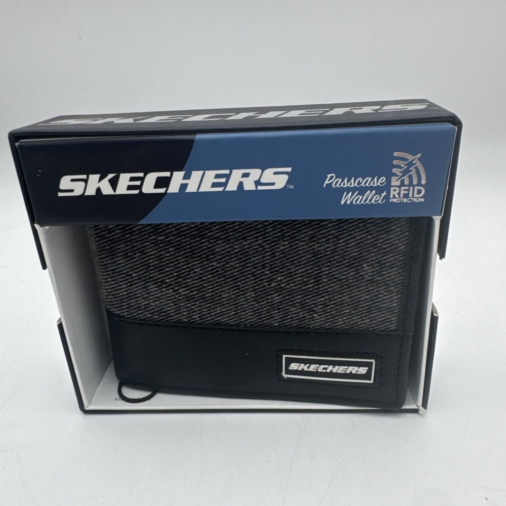 Skechers Twill Passcase Bifold Wallet Vegan Leather Trim RFID Protection